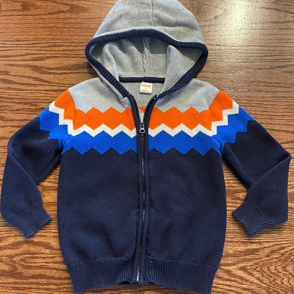 Gymboree toddler boys Chevron zip cardigan sweater hooded grey/blue/orange 3T